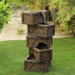 Cement Tiered Crates Outdoor Fountain Brown Farmhouse Stone