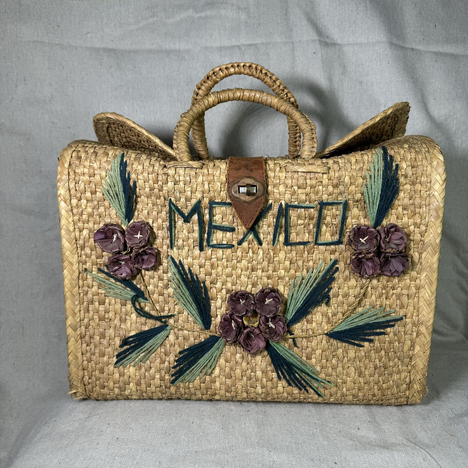 Vintage 70’s Mid-Century Mexico Woven Straw Raffia Tote Bag Purse 