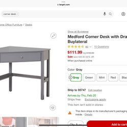 Medford Corner Desk with Drawer GRAY - Buylateral Target - BRAND NEW in box