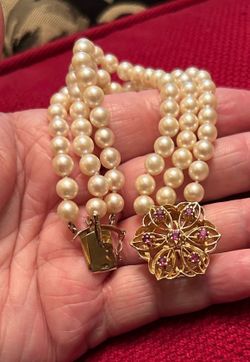 14k gold Ruby & Akoya Pearl 1950s vintage bracelet
