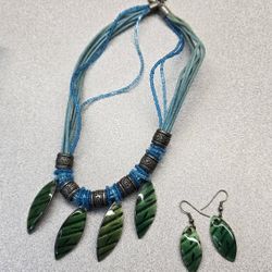Boho Necklace & Earrings Set Green Leaf Pendant Blue Beads Tribal Style