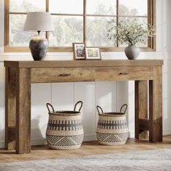 Tribesigns 63" Console Table, Farmhouse Entryway Table with 2 Drawers and H-Shaped Sturdy Legs for Hallway, Living Room, MDF, Light Brown