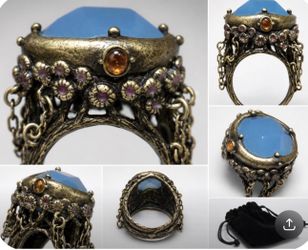 ✨ Vintage Bohemian Statement Ring – Ornate Blue Stone & Chain Detail ✨