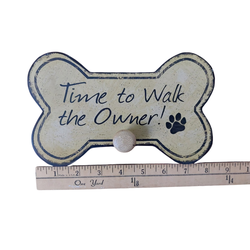 Wooden Dog Bone Wall Leash Holder “Time to Walk the Owner” Paw Print Hook