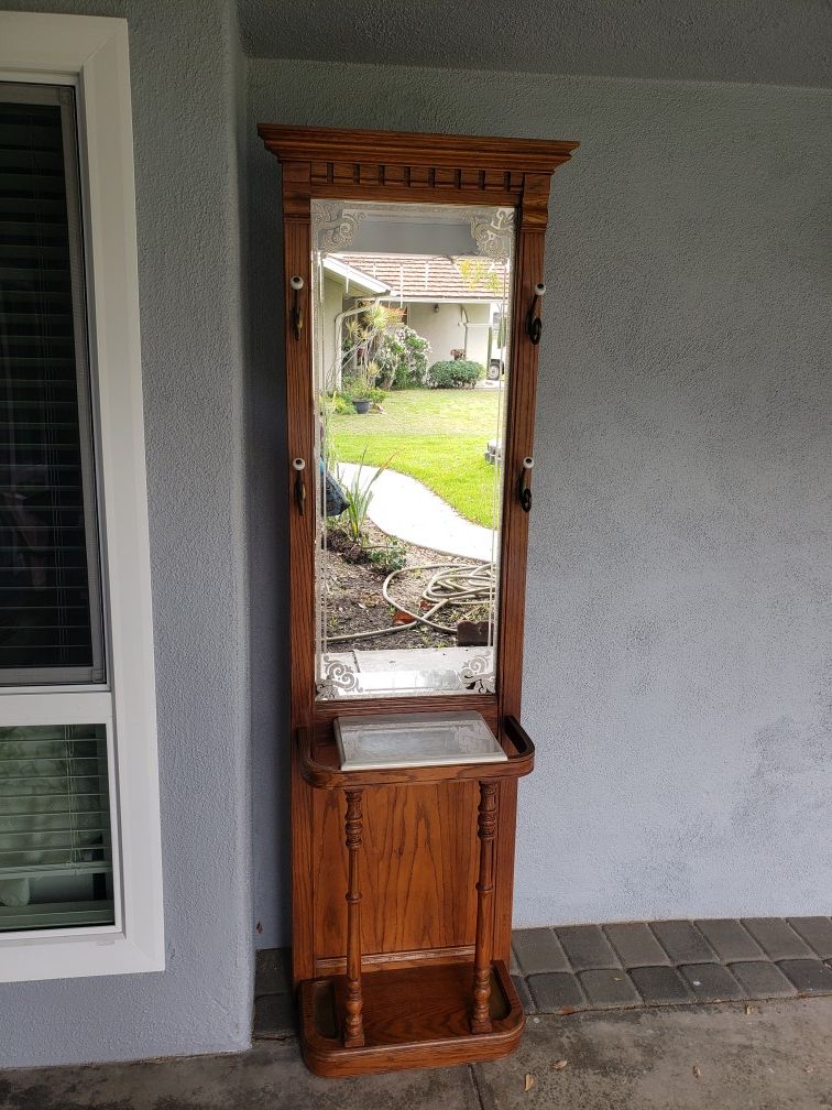 Victorian colonial hallway front entry tree with embossed mirror, marble shelf, and hooks vintage