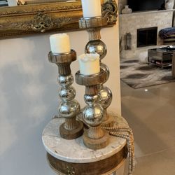 Mercury Glass and wood Pillar  Candle Holder
