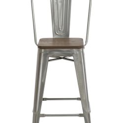 24" Clear Metal Antique Counter height Bar Stool Chair High Back Wood seat