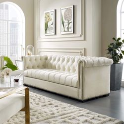 Modway Heritage Tufted Performance Velvet Upholstered Chesterfield Sofa with Nailhead Trim in Ivory