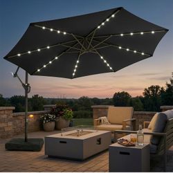 10ft Solar LED Patio Umbrella with Base Included, Offset Umbrella with Weighted Sandbag Base, Cantilever Patio Umbrellas for Backyard, Garden & Deck,