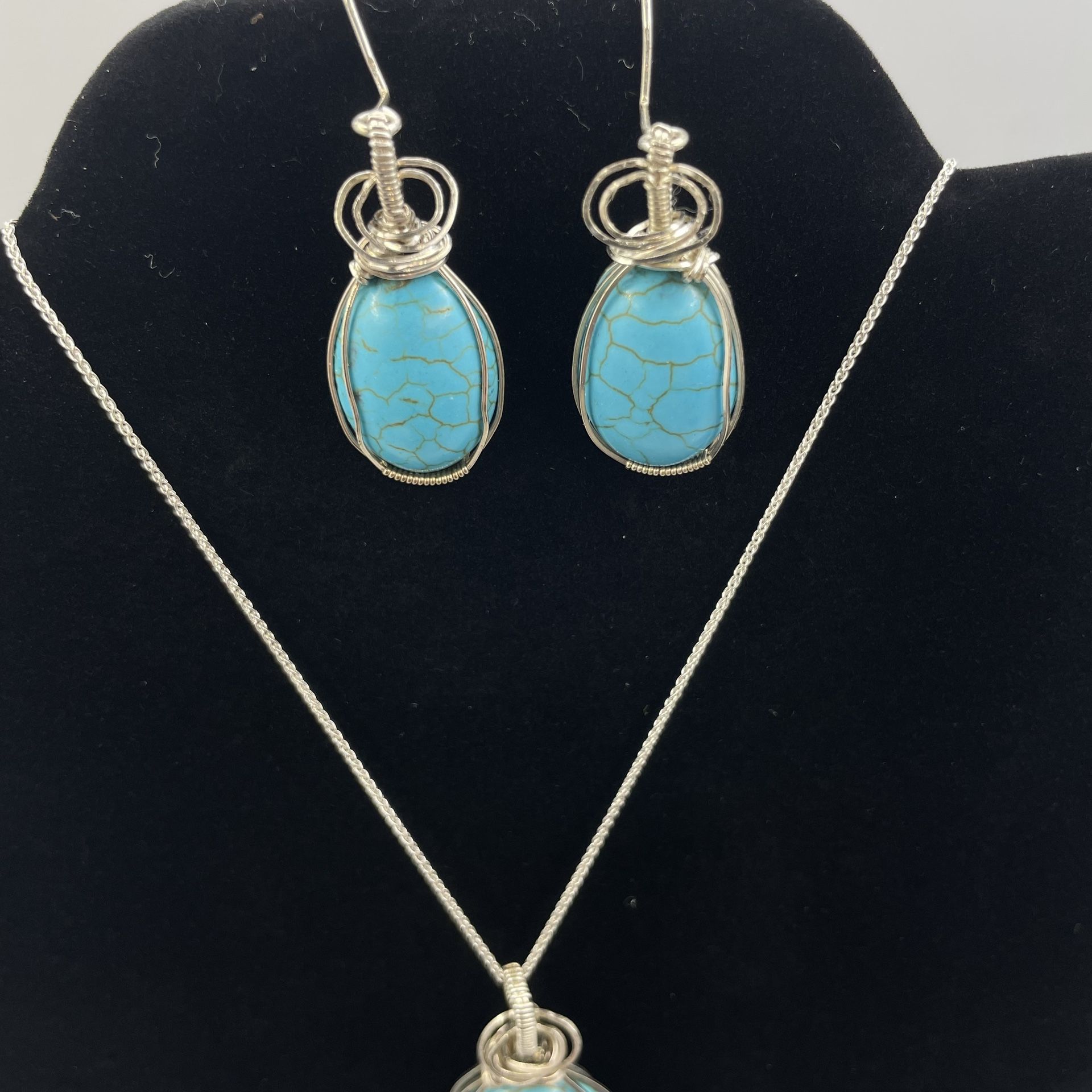 Turquoise (Howlite) In Sterling Silver Dangle Earrings With Pendant Necklace Set Handmade