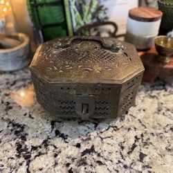 Vintage Octagonal Brass Incense Box w/ Pierced Decorative Panels