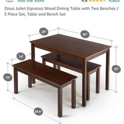 Espresso Wood Dining Table W/ 2 Benches