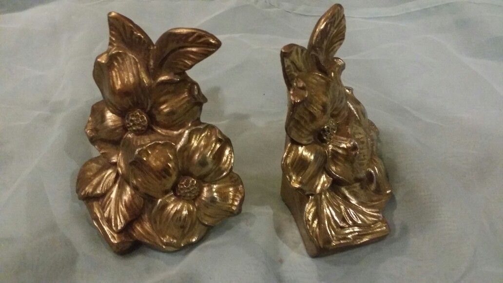 Antique golden flower bookends -1965 signed pieces authentic