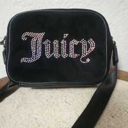 Juicy Couture Obsession Black Velour Camera Crossbody Bag with Changing Colors Rhinestones