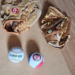 Adult Rawlings and Wilson  Baseball Gloves and 2 Balls 