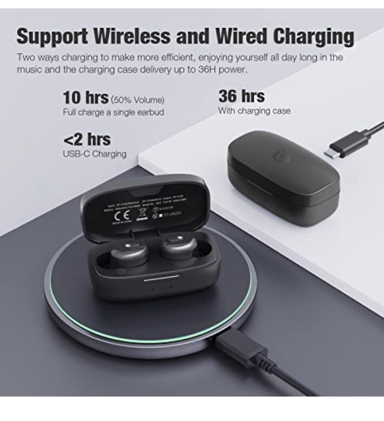 Wireless Earbuds Boean Mini Bluetooth Headphones with Charging Case 46H Playtime IPX8 Waterproof Earbuds Button Control Deep Bass Earphones Built in M