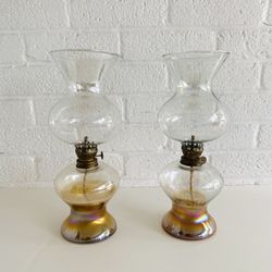 Pair of Vintage Iridescent Glass Oil Hurricane Lamps 11.5”