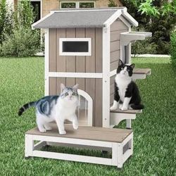 New Insulated Outdoor Weatherproof Cat House Two Story Cats Shelter for Winter, w/ Jumping Platform