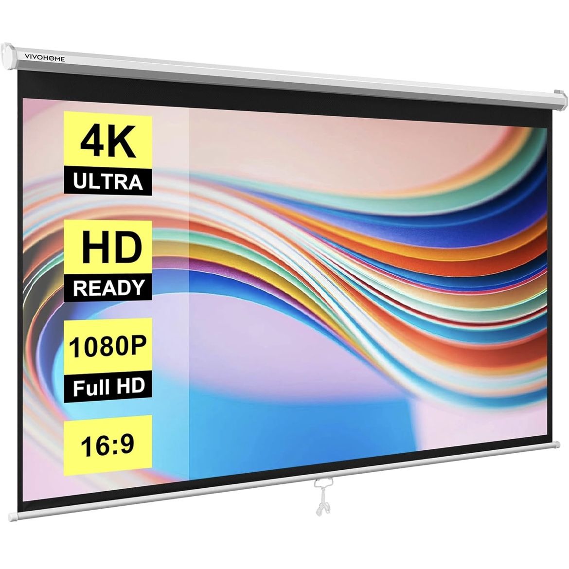 VIVOHOME Projector Screen Pull Down, 16:9 100 Inch Retractable Projection Screen, HD 4K Manual Pull