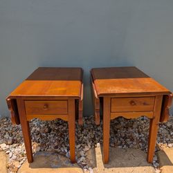 Broyhill Farmhouse Dropleaf End Tables-Rustic Solid Pine Single Drawer Large Side Tables