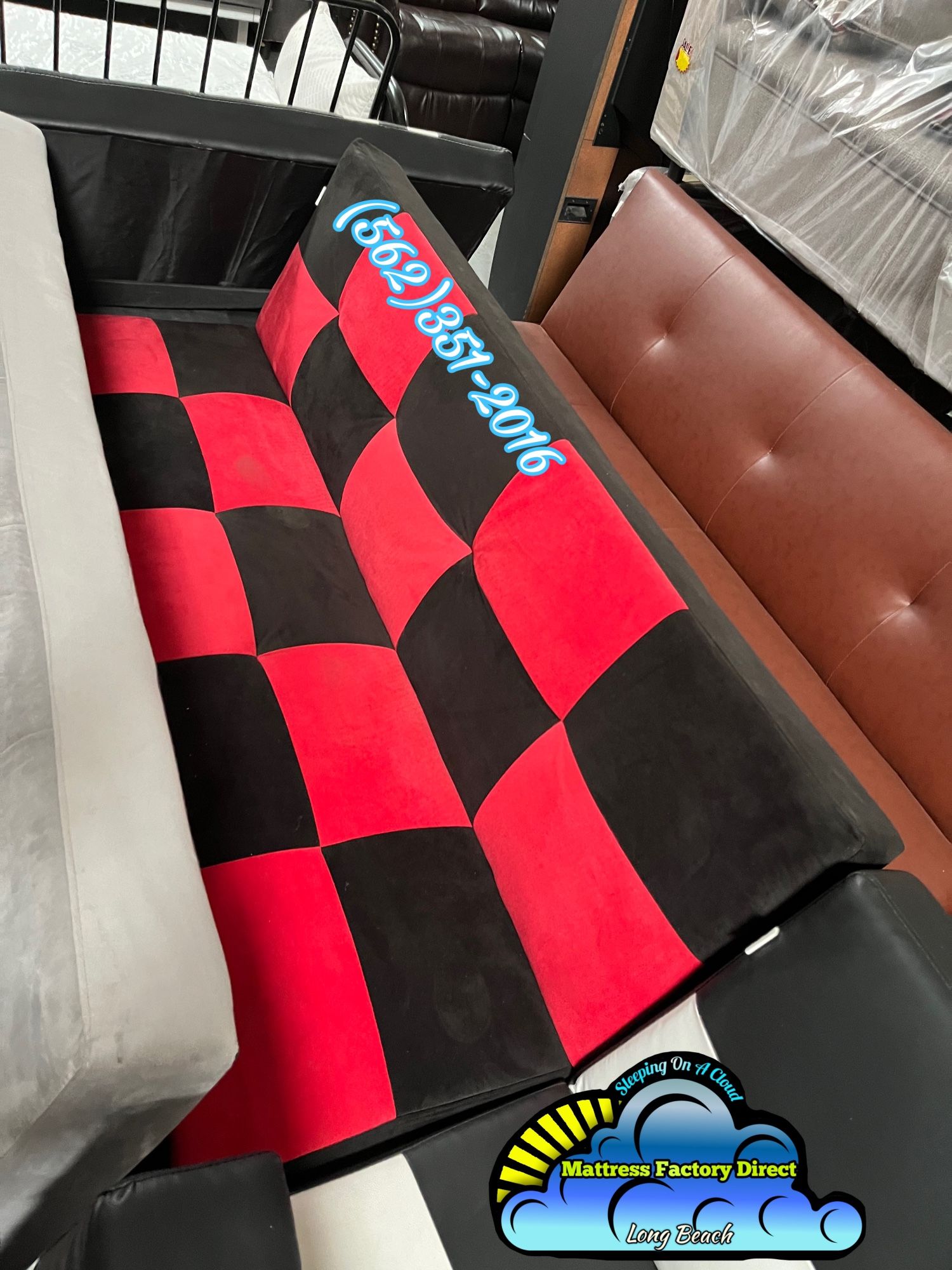 Red And Black Futon Checkered Sofá Couch New