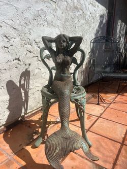 Giant 5-Foot Cast Iron Seated Mermaid Garden Statue & Rose Chair Set