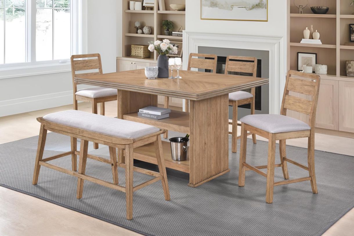 DINNING SET 5PC SOLID WOOD 🪵 OAK COLOR W STORAGE BASE (AVAILABLE IN COUNTER HEIGHT OR LIWER COUNTER😻)