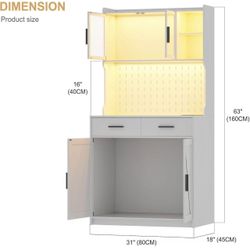 🥨LED Kitchen Pantry Cabinet with Outlets, Farmhouse Storage Cabinet with Drawers & Adjustable Shelves, 64" Cupboard with Pegboard and Hooks for Dinin