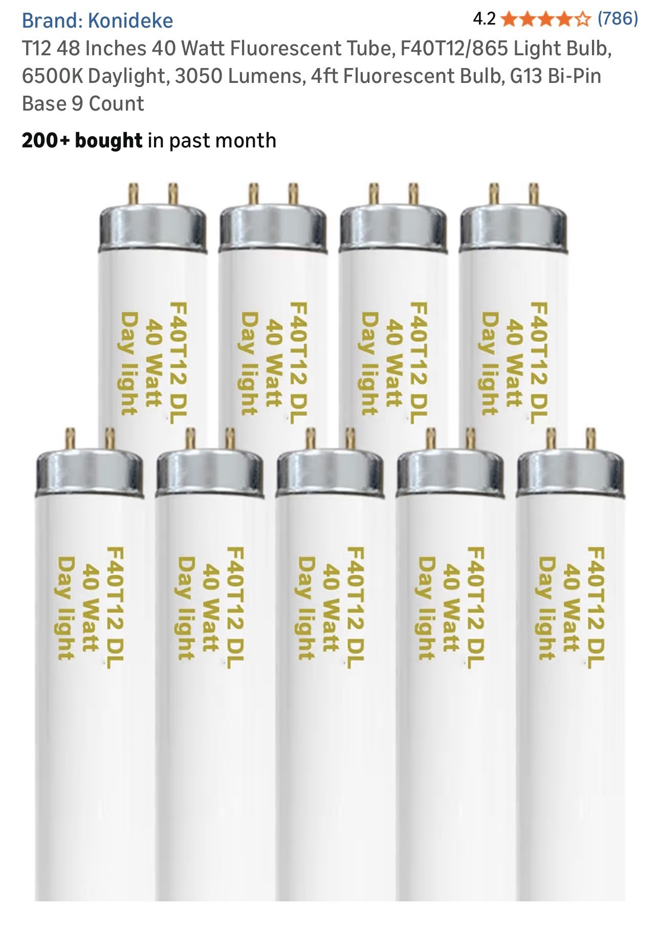 $40 Brand New Konideke T12 48 Inches 40 Watt Fluorescent Tube, F40T12/865 Light Bulb, 6500K Daylight, 3050 Lumens, 4ft Fluorescent Bulb, G13 Bi-Pin Ba