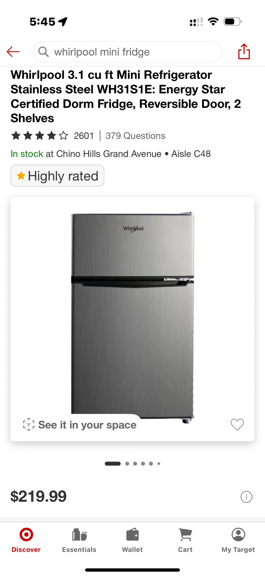 Whirlpool 3.1 cu ft Mini Refrigerator Stainless Steel WH31S1E: Energy Star Certified Dorm Fridge, Reversible Door, 2 Shelves