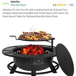 Hykolity 35 Inch Fire Pit with Cooking Grate & Charcoal Pan, Outdoor Wood Burning BBQ Grill Firepit Bowl with Cover Lid, Steel Round Table for Backyar