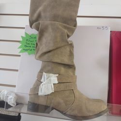 Beige Slouch Boots With Side Zip & Stretch Cuff 5.5