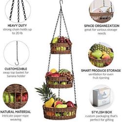Hanging Fruit Basket 3 Tier - Free Up Countertop - Wicker Vegetable Storage and Fruit Organizer - Saves Space - Macrame Hanging Baskets for Kitchen wi