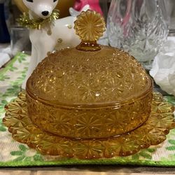 Vintage New Martinsburg LG Wright Amber Daisy & Button Dome Butter Dish