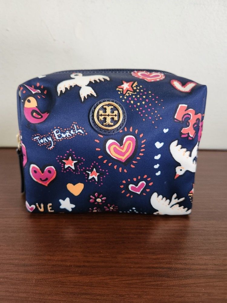 Tory Burch Navy Blue Peace Bird Star Heart Makeup Bag Pouch