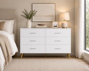New Modern 6 Drawers Dresser for Bedroom, Dressers & Chests of Drawers for Clothes Storage, Wood Dresser for Closet with 6 Drawers, Wide Long Clothes 