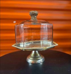 Octagonal Glass Cloche Cake Stand Gold Rhinestone Handle