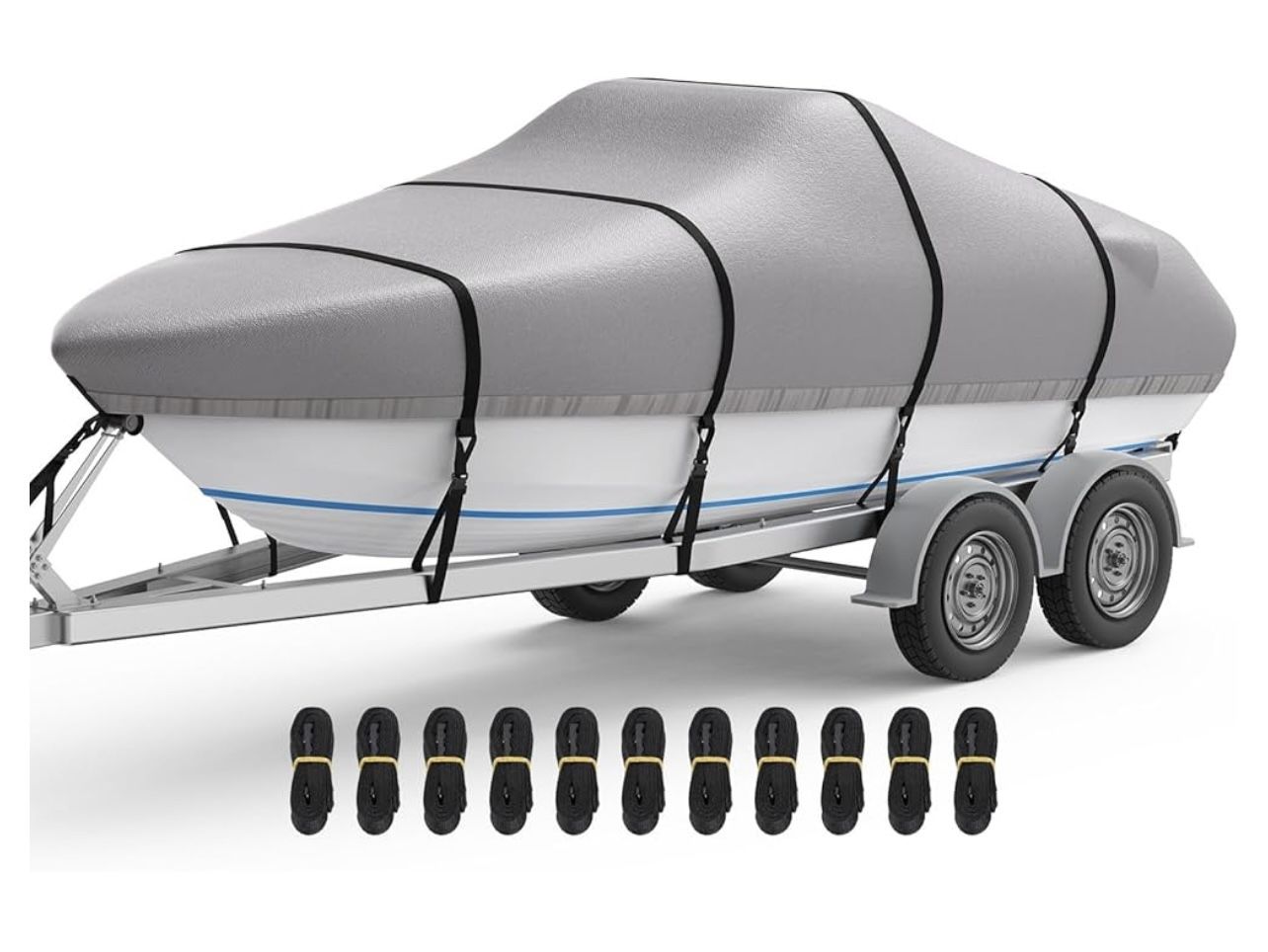 RVMasking Boat Cover, Ultra-Thick 1400D Polyester Canvas with Double PU Waterproof Coating, Fits 20-22ft Tri-Hull, V-Hull, Runabout, Fish & Ski Boat, 