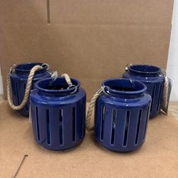 New Set of 4 Blue Outdoor Patio Ceramic Lanterns with Rope Handles 
