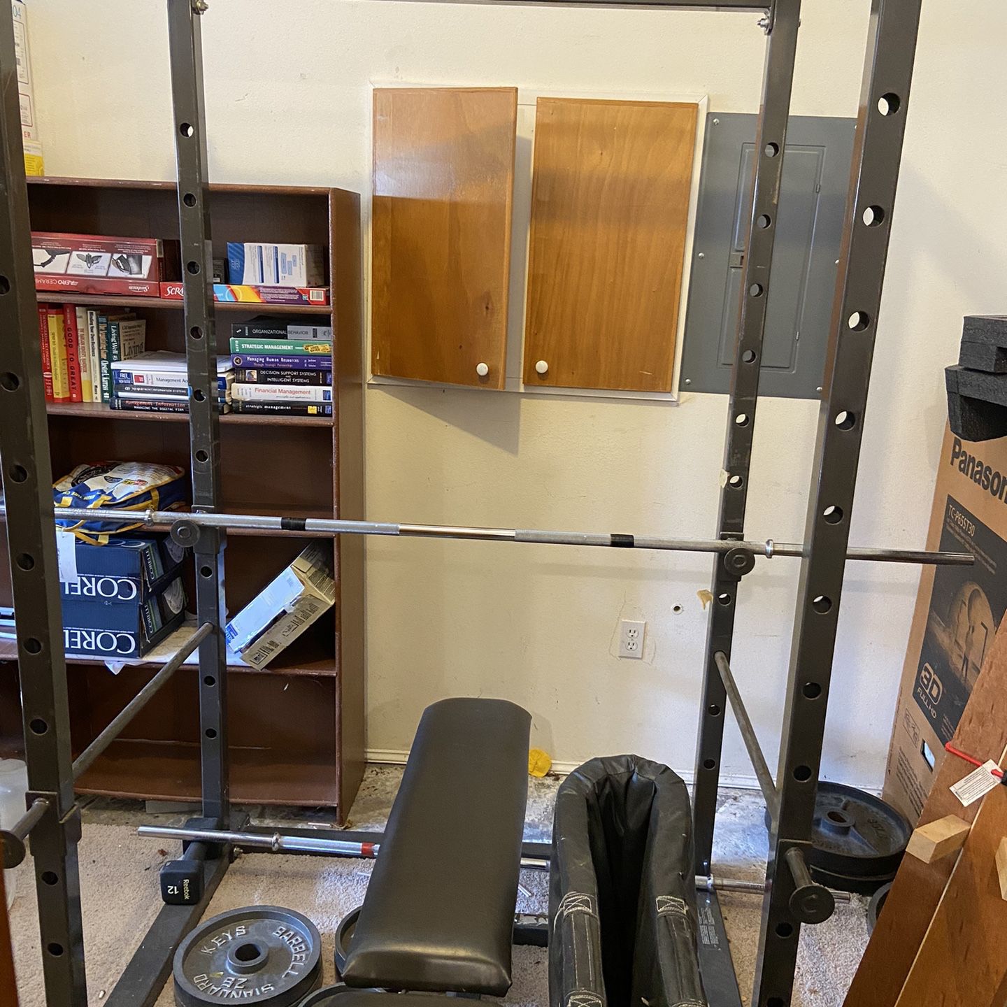Home Gym Weight Lifting Package - Cage, Weights, Bench, Mat 