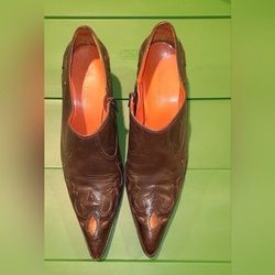Antonio Melani Brown Pointed Toe Leather Western Ankle Heel Boots 8