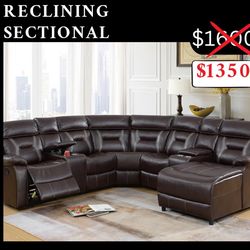 -Leather Sectional Sofa With Reclining Seats-