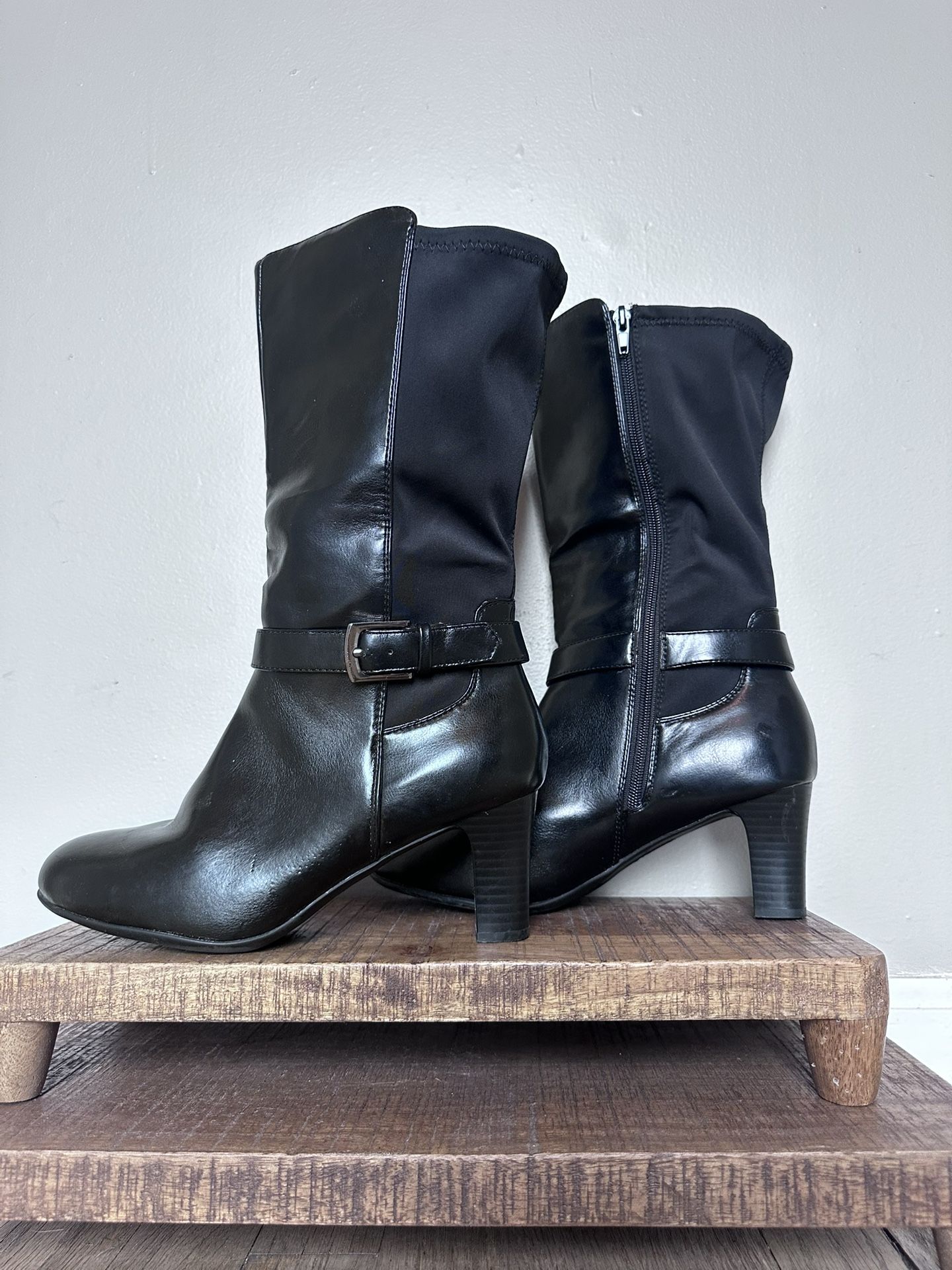 90s Y2K Marbella Wide Calf Boots SZ 9W Faux Leather Classic Mid High Heeled Boot