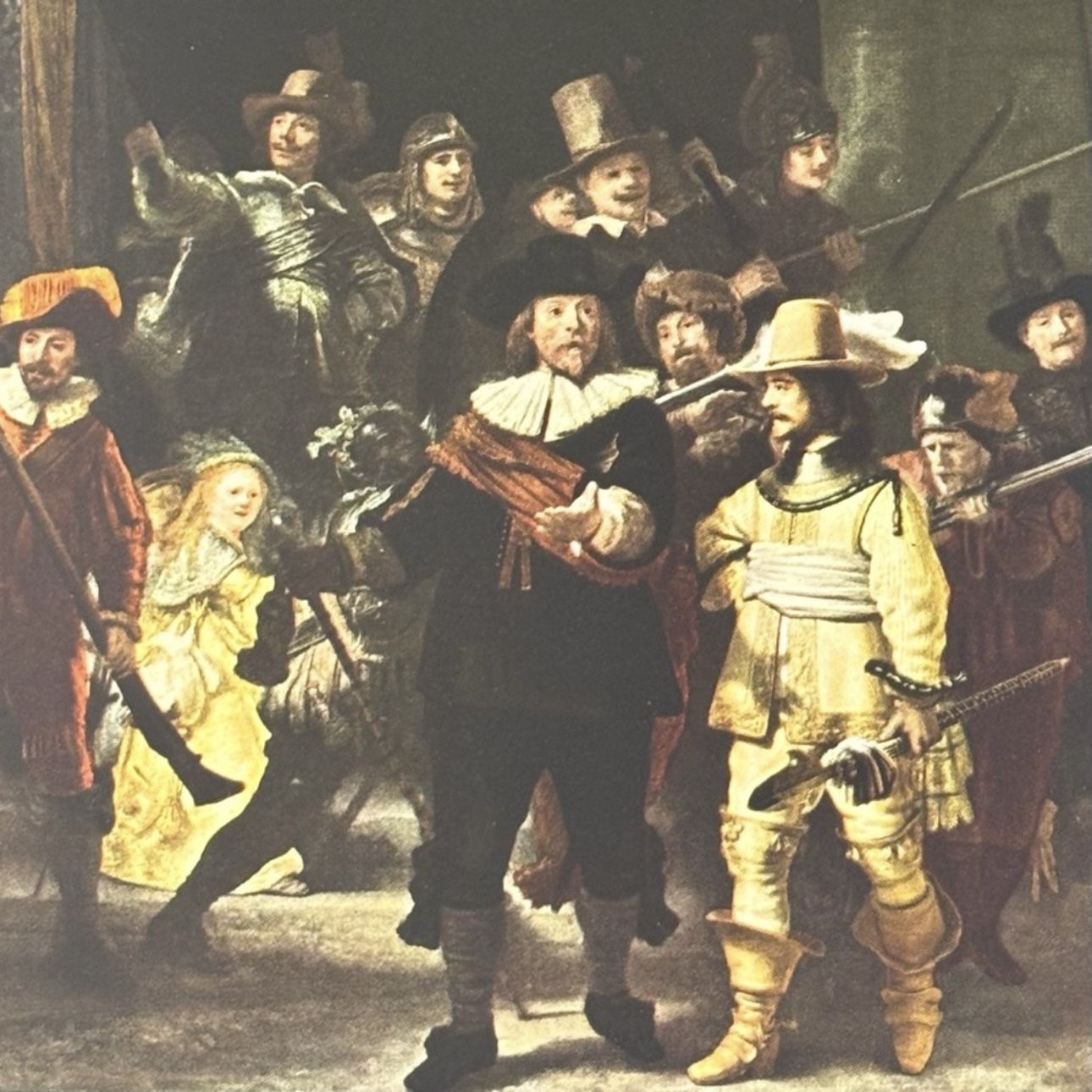 NIGHT WATCH, 1642 REMBRANDT Original Vintage Fine Art 1950’s Print USA Printed Antique Dutch Golden Age Painter Collectible Ephemera