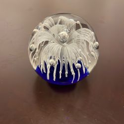 Art Glass Cobalt Blue Clear Paperweight White Medusa Controlled Bubbles 3.5” W