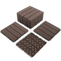 outdoor living Patio Deck Tiles, 12 x 12 inches Composite Interlocking Decking Tile, Four Slat Plastic Outdoor Flooring, 27 Pieces One Pack, Dark Brow