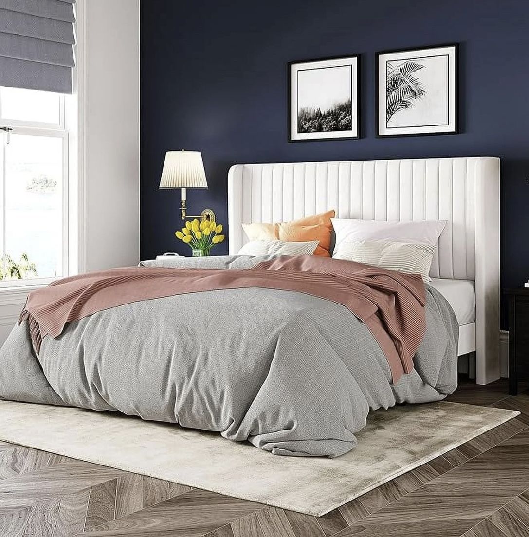 Full Size White Velvet Wingback Bed Frame