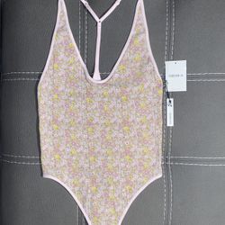 New Forever 21 Bodysuit Large Seamless Floral Print Y-Back Plunge Stretchy 