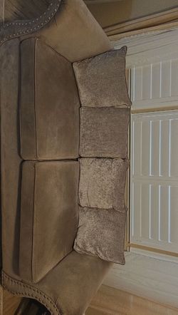 Light Grey Fabric Sofa with Nailhead Trim
