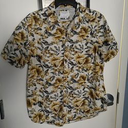 Denim & Flower Ricky Singh Floral Short Sleeve Button-Up Shirt Men's L White Ye…
